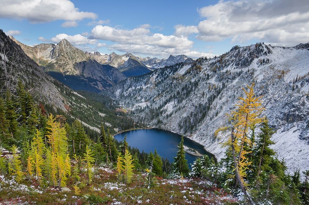 Lake Ann and golden larches after autumn snowfall North Cascades-Washington State art print by Alan Majchrowicz for $57.95 CAD
